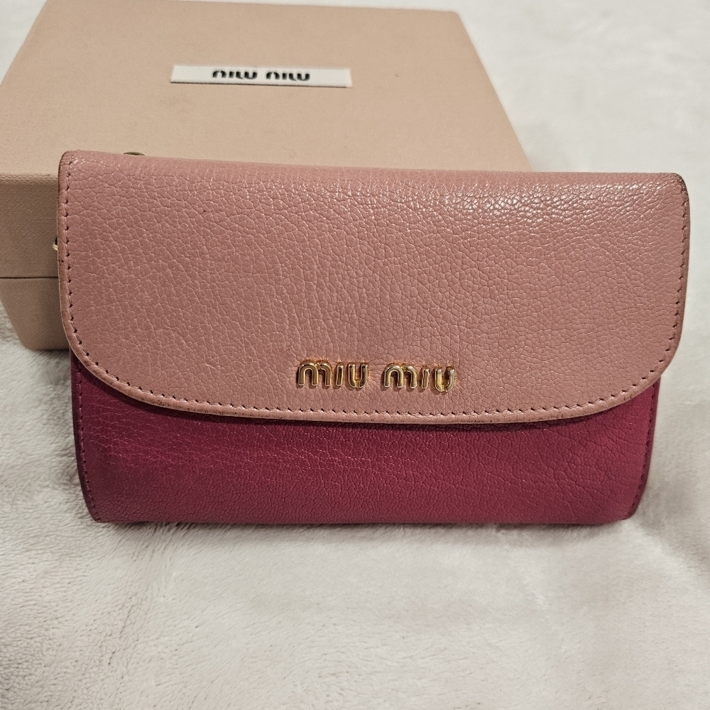 Miu Miu Two Toned Pink Leather Madras Compact Wallet